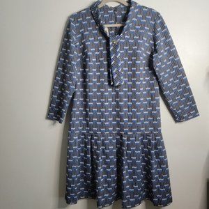 Vintage 90s Medium Ruffle Hem Chevron Blue Grey Dress